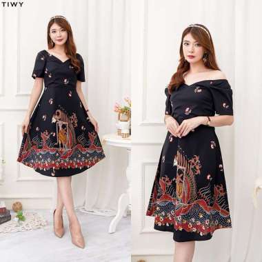 Evercloth Tiwy Dress Batik Wanita Sabrina Dress Wanita Batik Modern Gaun Pesta International β- XL