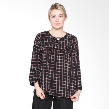 JO & NIC GIA Plaid Ruffle Blouse AllSize Atasan Wanita - Black