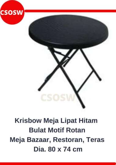 Krisbow Meja Lipat Bulat Motif Rotan D.80 Cm Hitam Meja Outdoor Teras