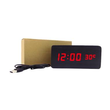 Wooden Digital Clock LED Merah Jam Kayu Digital Besar - Hitam