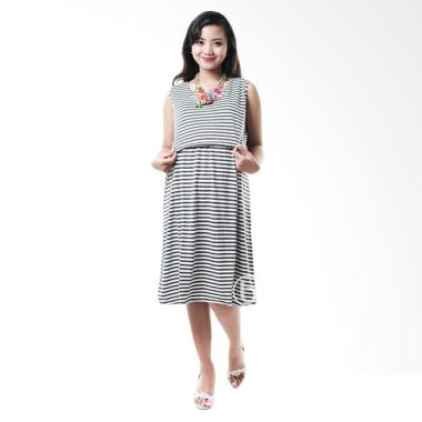 Mama Hamil Stripe Kutung Dress Hamil Menyusui - Abu Muda