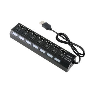 USB HUB 7 Port With Blue Led Power Switch High Speed Up to 480Mbps - Hitam
