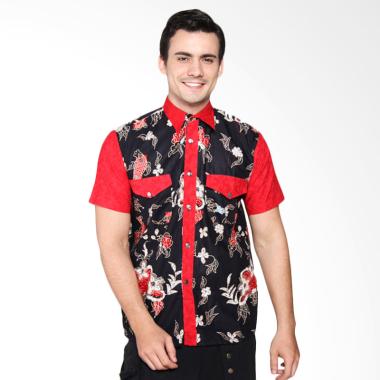 Jogja Batik Kombinasi Embos Motif Burung Hem Kemeja Batik Pria - Merah