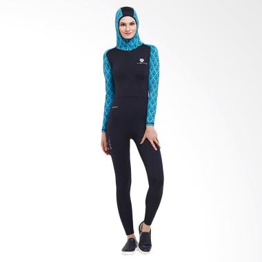 Tiento Wetsuit Hoodie Baju Renang Wanita Muslimah - Black Turquoise