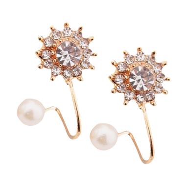 Anneui EE0304 Anting Tusuk Model Double Bunga Kristal Dengan Mutiara Putih - Gold