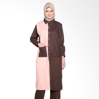 Chick Shop Simple Combined Plain Long Shirt CO-52a-04-CtPe Tunik Moslem - Dark Brown peach
