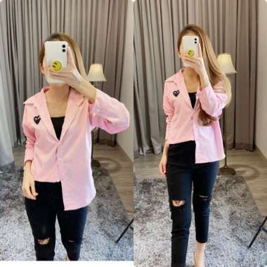 Kemeja salur love/kemeja salur/kemeja love/kemeja lengan panjang / kemeja lovely tifany Pink
