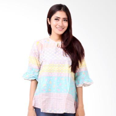 Batik Distro BA8405 Blus Wanita Motif Mix Pendek - Biru