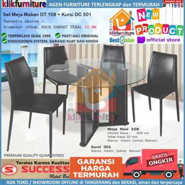Set Meja Makan Bulat 4 Kursi Besi Kaca DT108 + DC301 Success