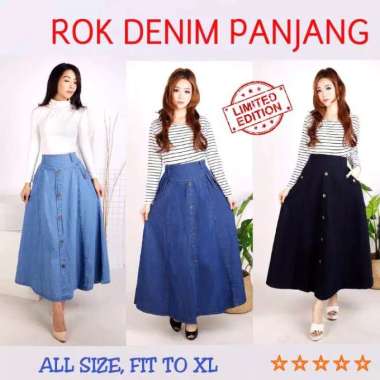 Rok Denim Panjang Wanita Rok Jeans Panjang Rok Panjang Jeans Flared Skirt Denim Rok Mekar HITAM 0906