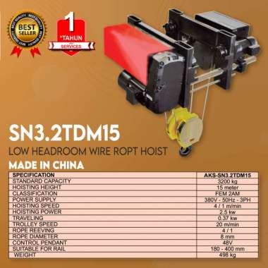 Katrol Kerekan Takel Low Headroom Wire Rope Hoist 3.2 ton 15 m 2.5 kw SN3.2TDM15