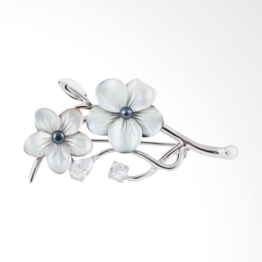 Gina Adornments Brooch MOP Flower On Stem and Cz Bros - Silver Black