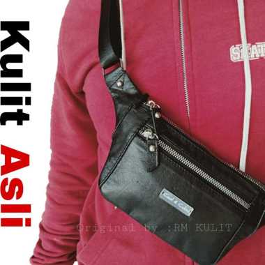 Tas Waistbag Kulit Asli Tas Pria Kekinian Bodypack Kulit Hitam