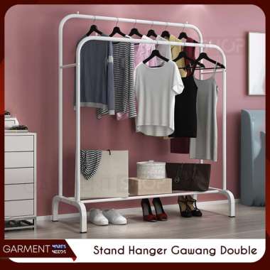 STAND HANGER GAWANG BESI DOUBLE GANTUNGAN BAJU 2 TIANG KOKOH DISPLAY BUTIK BAZAR WARNA PUTIH