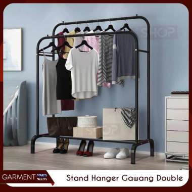 STAND HANGER GAWANG BESI DOUBLE GANTUNGAN BAJU 2 TIANG KOKOH DISPLAY BUTIK BAZAR WARNA HITAM