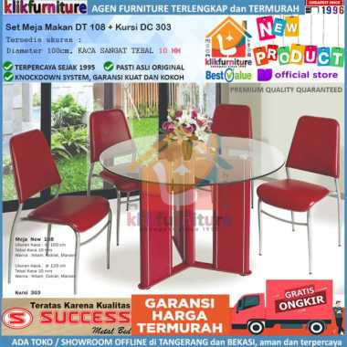 Set Meja Makan Bulat 4 Kursi Besi Kaca DT108 + DC303 Success