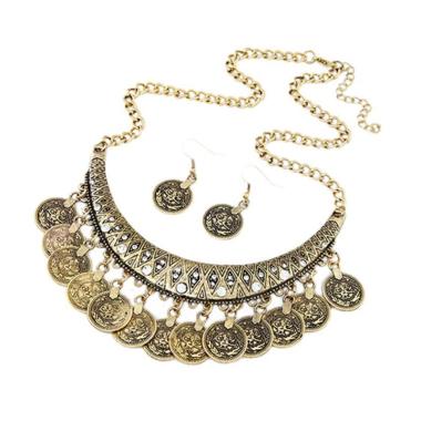 Bluelans Women's Vintage Coin Style Choker Necklace Hook Earrings Statement Jewelry Set - Gold