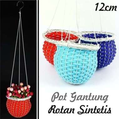 Pot bunga gantung rotan sintetis 12cm Biru