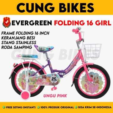 Sepeda lipat anak perempuan mini size 16 Inch Evergreen Folding Girl Ungu pink
