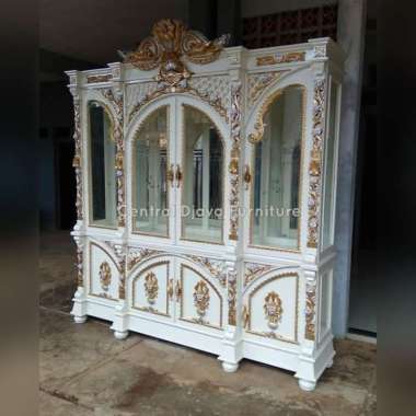 Lemari Hias Kaca Kayu Jati Ukiran Manohara Almari Display Bufet Jepara Multicolor