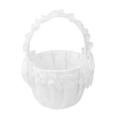 White Satin Bowknot Lace Trim Flower Girl Basket for Wedding Ceremony Prom 