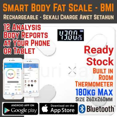 Timbangan Badan Digital Smart Body Fat BMI Bluetooth - Rechargeable Putih