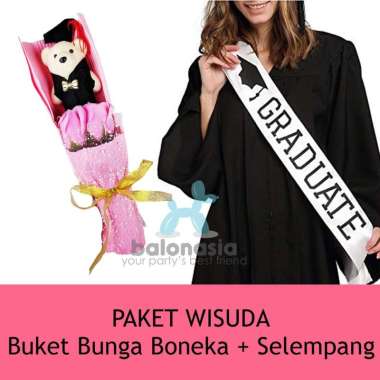 Paket Wisuda Lengkap / Selempang Wisuda + Boneka Bunga Wisuda Silver Tulisan Hitam + Bunga Merah