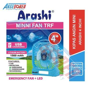 Kipas Angin Mini Arashi + Lampu Led [4" Inch] / Kipas Kecil Casan / Emergency Fan Charger Biru