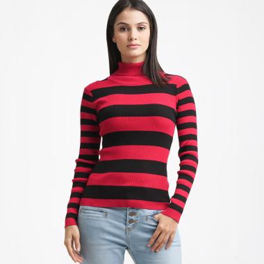 Minimal Rib Knit Turtle Neck Top Sweater Wanita - Red Black