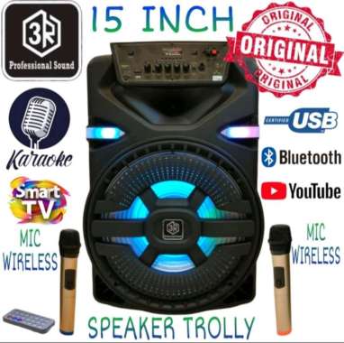 Speaker Portable 3R 15 Inch 2 Mic Wireless Karaoke Di Smart Tv Hp