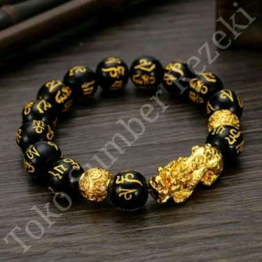 Gelang Manik Batu Obsidian Feng Shui Warna Emas Keberuntungan Gold Bracket Bracelet Stone Fongshui N