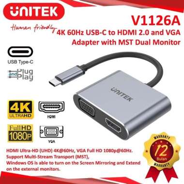 Unitek V1126A USB-C to HDMI 2.0 VGA Adapter MST Dual Monitor 4K 60Hz