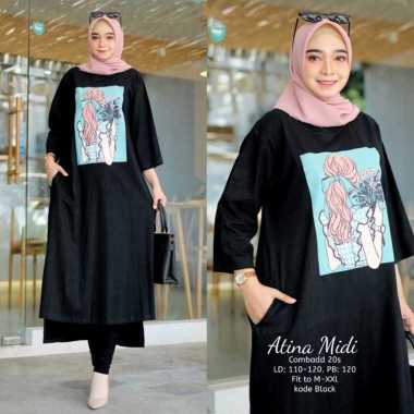 JESLA FASHION ATINA MIDI DRESS BAHAN KAOS KATUN COMBED 24s APLIKASI SABLON MIDI DRESS MUSLIM MIDI DR