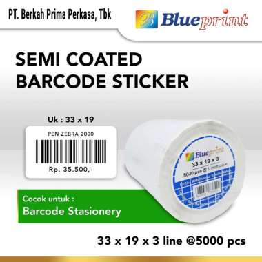 Blueprint Sticker Label Barcode 3 Line Semi Coated Core [1"/ Isi 5000 pcs/ 33x19mm] White
