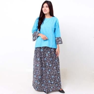 Batik Distro BA8375 Blus Rok Embos Pendek Set Pakaian Wanita - Biru