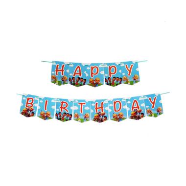 Balonasia Motif Upin dan Ipin Happy Birthday Banner Flag Dekorasi Pesta Biru