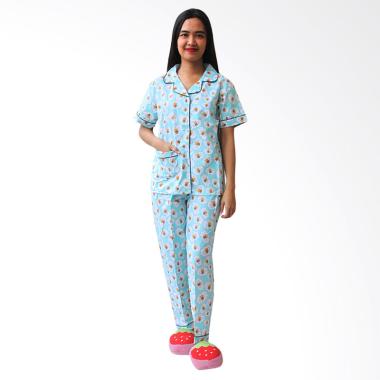 Aily BT022 Motif Bee Katun Jepang Setelan Baju Tidur Wanita - Biru