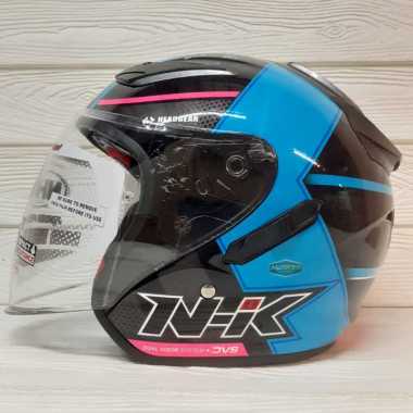 HELM NHK R1 MOTIF NAPOLEON BLACK LIGHT BLUE DOUBLE VISOR HALF FACE BIRU M