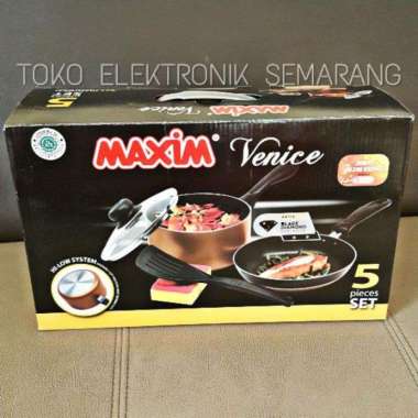 MAXIM VENICE SET WAJAN PANCI PENGGORENGAN TEFLON TUTUP KACA SPATULA SPON coklat