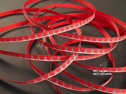 Pita Natal / Christmas - Grossgrain -Merah - Pohon Natal Salju; L 1 cm - 100 yard 25 yard