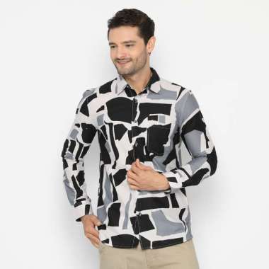 Platini Baju Kemeja Motif Pria Lengan Panjang Katun Abu 76264 S