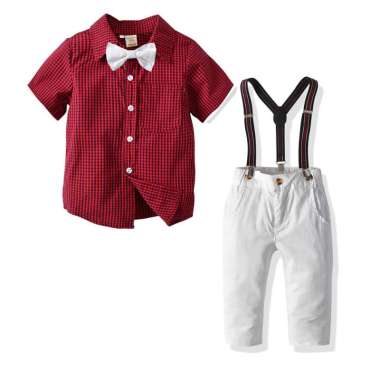 Setelan Plaid Red set White Pants with Suspender 6 tahun Red White