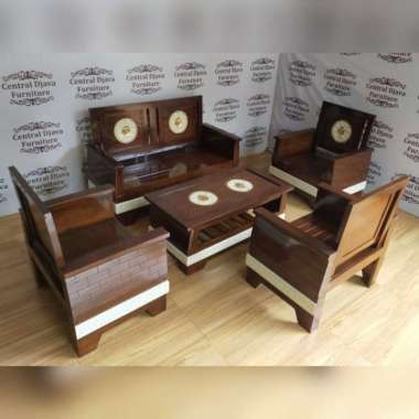 Kursi & Meja Tamu Piramida Kayu Jati Ukir/Ukiran Bunga Mebel Jepara -- Multicolor