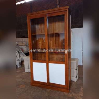 Lemari Hias Kaca Sliding Kayu Jati Minimalis Almari Display Jepara