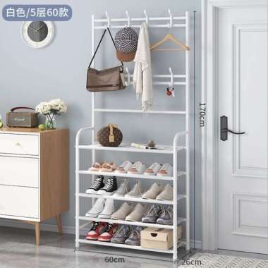 Stand hanger 5 susun Rak sepatu besi gantungan baju jaket topi tas X80 Putih