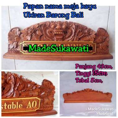 Papan nama meja kayu ukiran Barong Bali hiasan dekorasi handmade Coklat