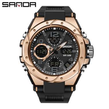 Jam Tangan Pria Digital Analog Tali Rubber Chronograph Anti Air SANDA 6008 Hitam Rosegold
