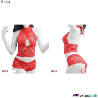 B283 - Bikini Bra Set Halterneck Merah Transparan