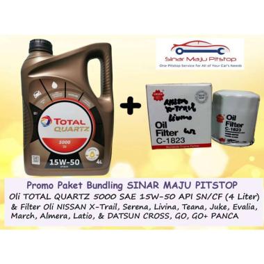 Paket Bundling Oli TOTAL QUARTZ 5000 15W-50 API SN/CF Original 4 Liter MADE IN SINGAPORE & Filter Mo