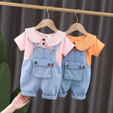 SETELAN OVERALL CELANA JEANS setelan baju anak cewek jumpsuit anak perempuan kaos pendek celana pend